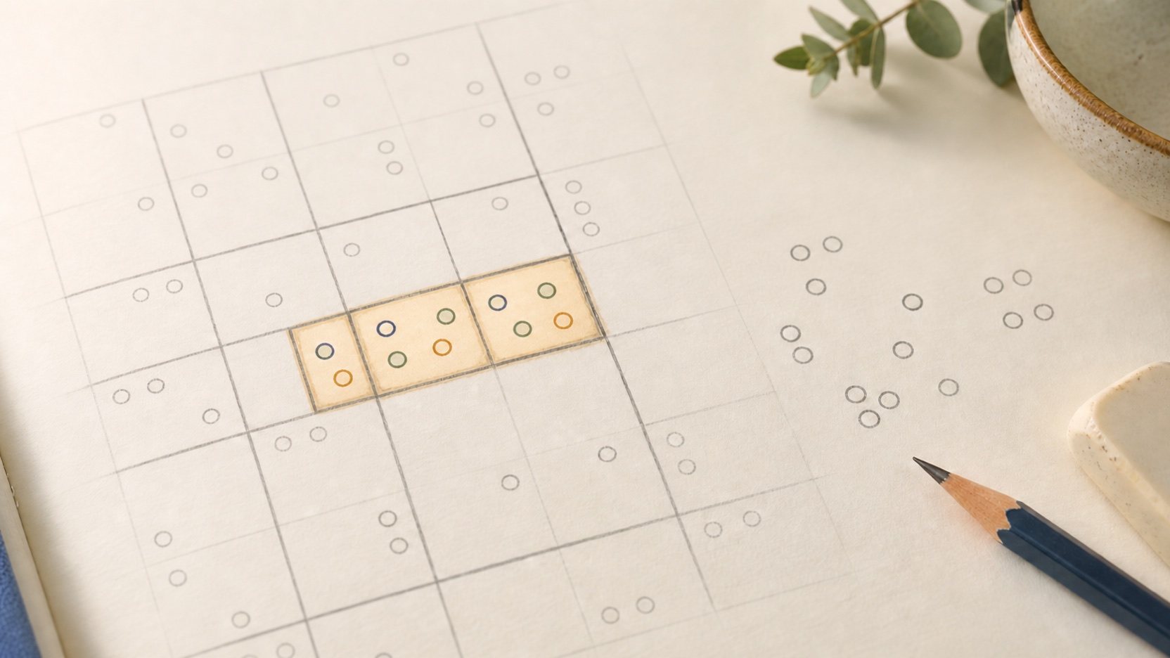 An abstract Sudoku candidate-note study with three adjacent highlighted cells and coloured pencil marks